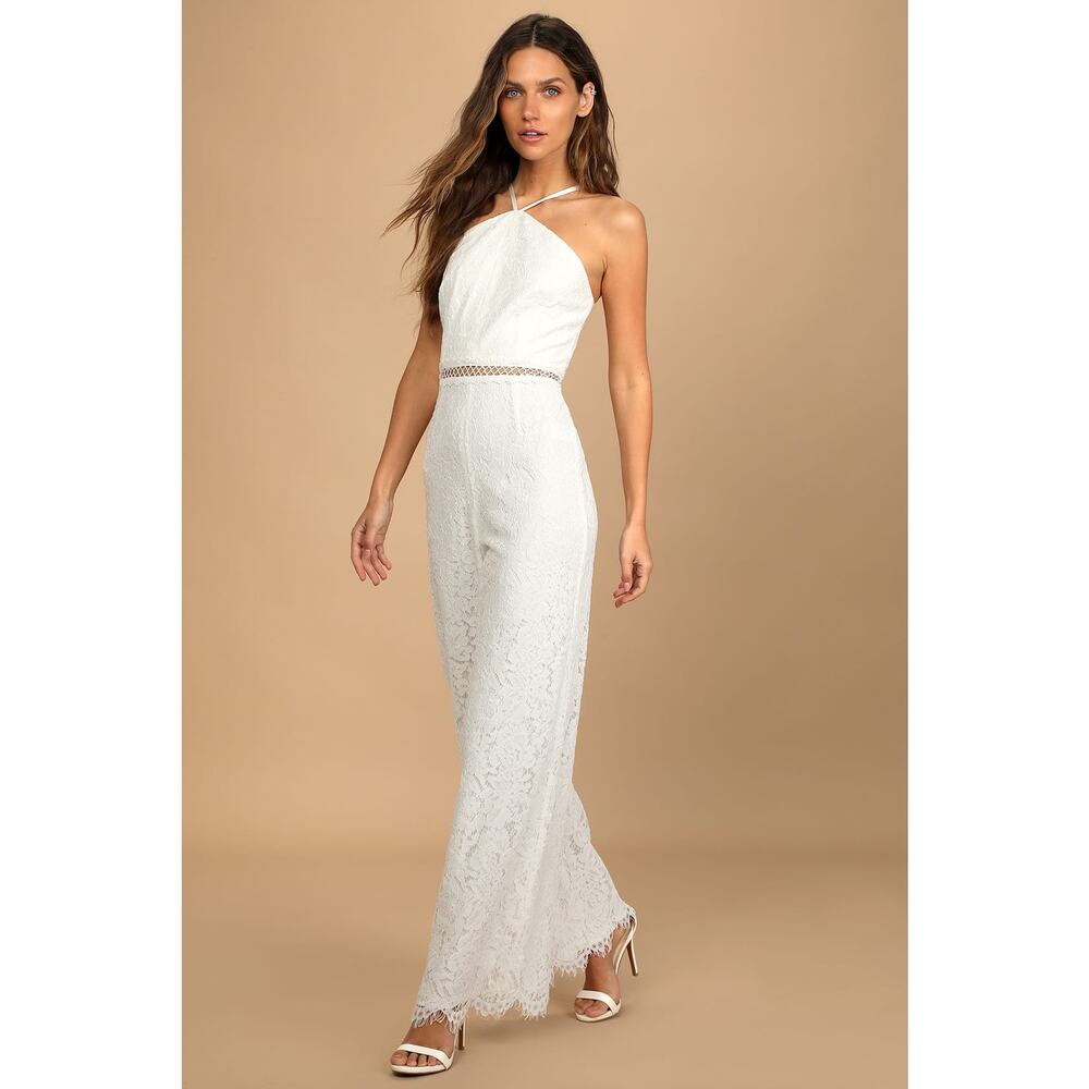 Lulus Romantic Atmosphere White Lace Halter Straight Leg Jumpsuit Women's Size S